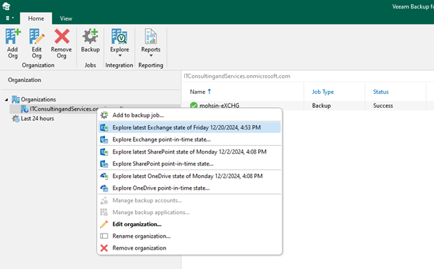 Veeam Explorer interface showing the selection of the backup repository for email data restoration.