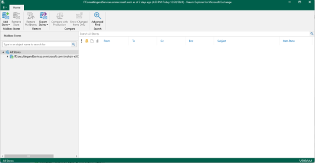 Veeam Backup & Replication console with the Veeam Explorer for Microsoft Exchange window open.