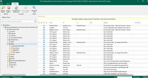 Veeam Explorer for Microsoft Exchange showing the mailbox hierarchy with expanded folders.