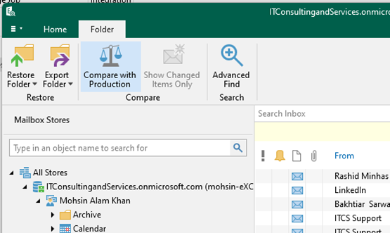 Veeam Explorer for Microsoft Exchange search bar with "Search Mailbox" placeholder text.