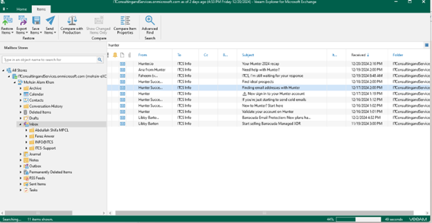 Veeam Explorer for Microsoft Exchange displaying search results for a specific query.