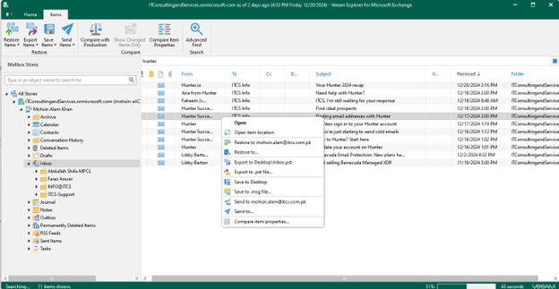 Veeam Explorer for Microsoft Exchange displaying an email item in the list view.