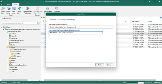 Veeam Explorer for Microsoft Exchange Restore Settings dialog box with options for restoring to original location, another location, or exporting to file.