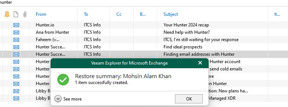 Veeam Explorer for Microsoft Exchange Restore Summary dialog box displaying a successful restore operation.