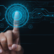 Hand finger pointing hi-tech touching screen.